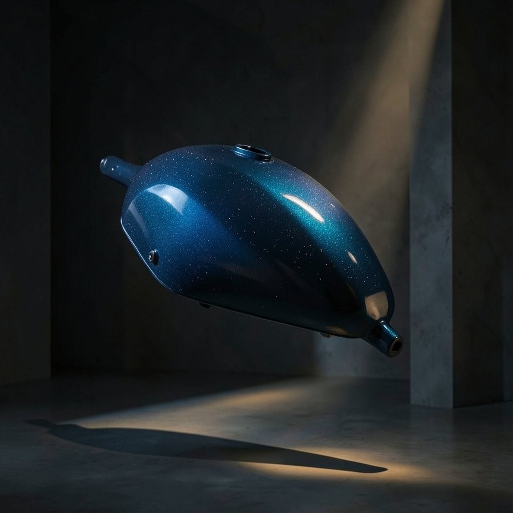 Close-up of a custom finished motorcycle fuel tank