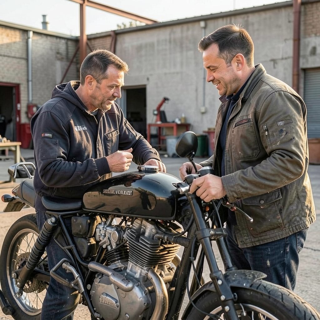 Two builders talking through a custom motorcycle project beside the bike