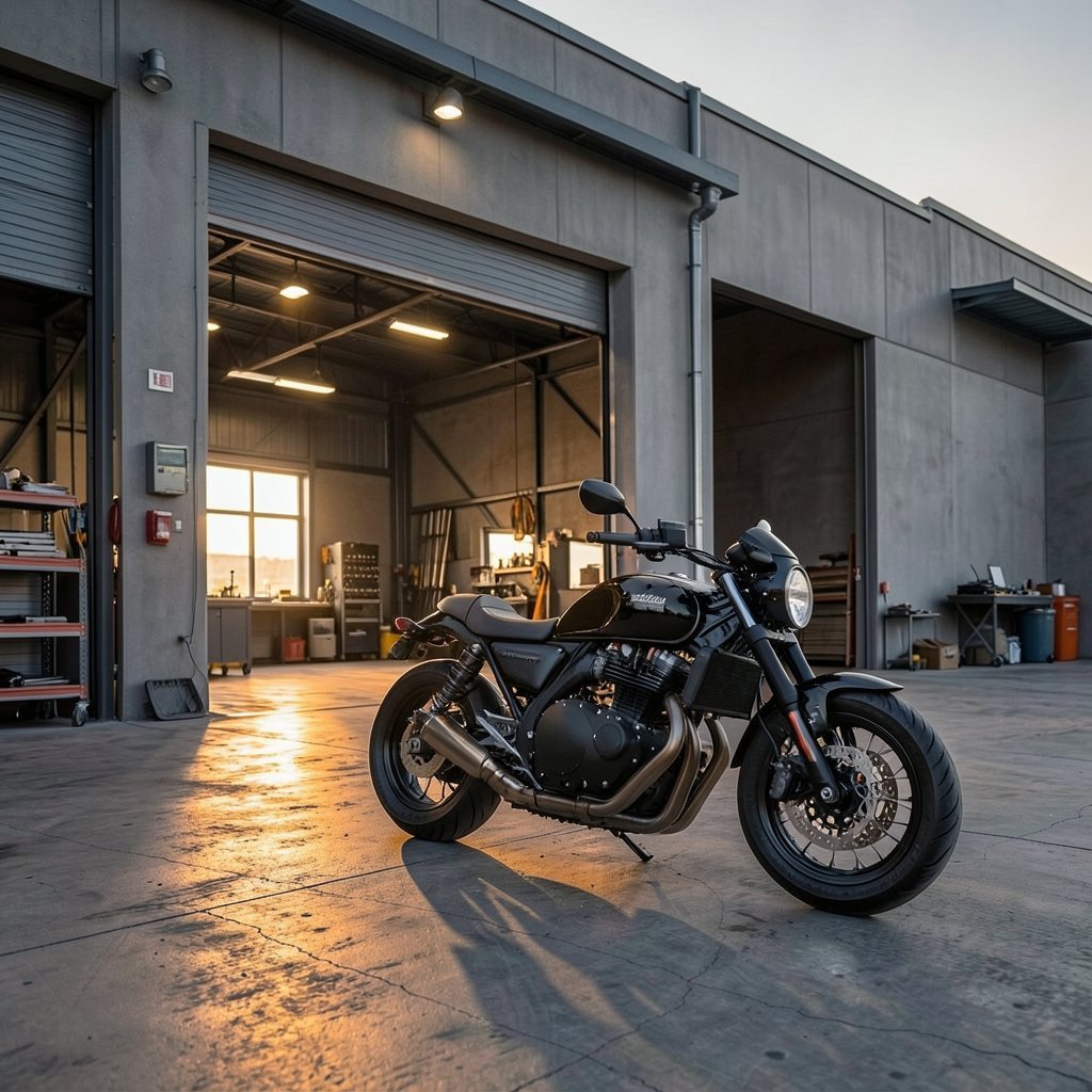 A custom motorcycle parked outside a workshop garage