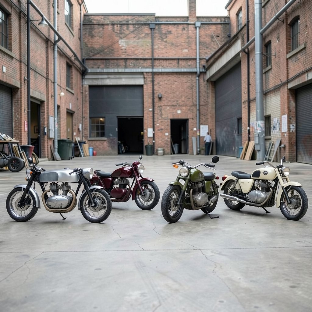 Three finished custom motorcycles parked in a bright workshop hall