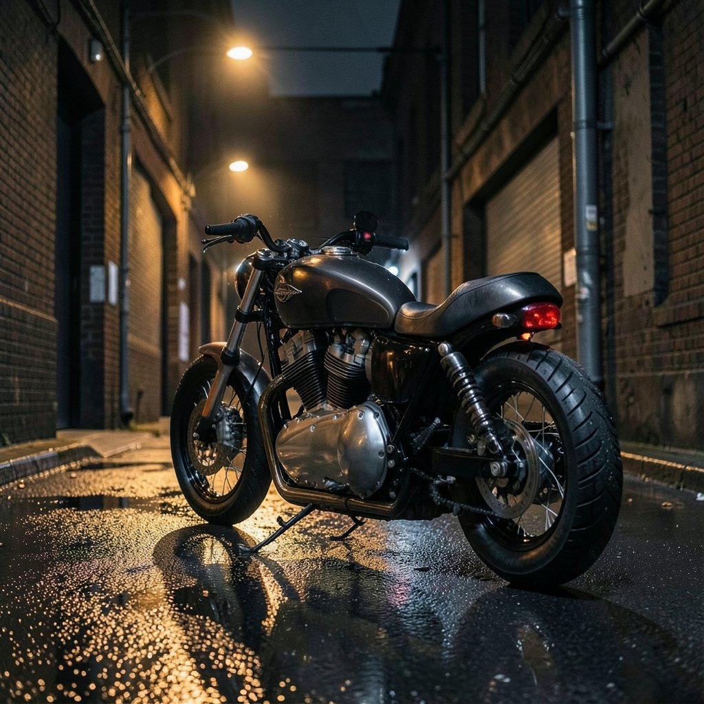 Dark cafe racer on a wet street