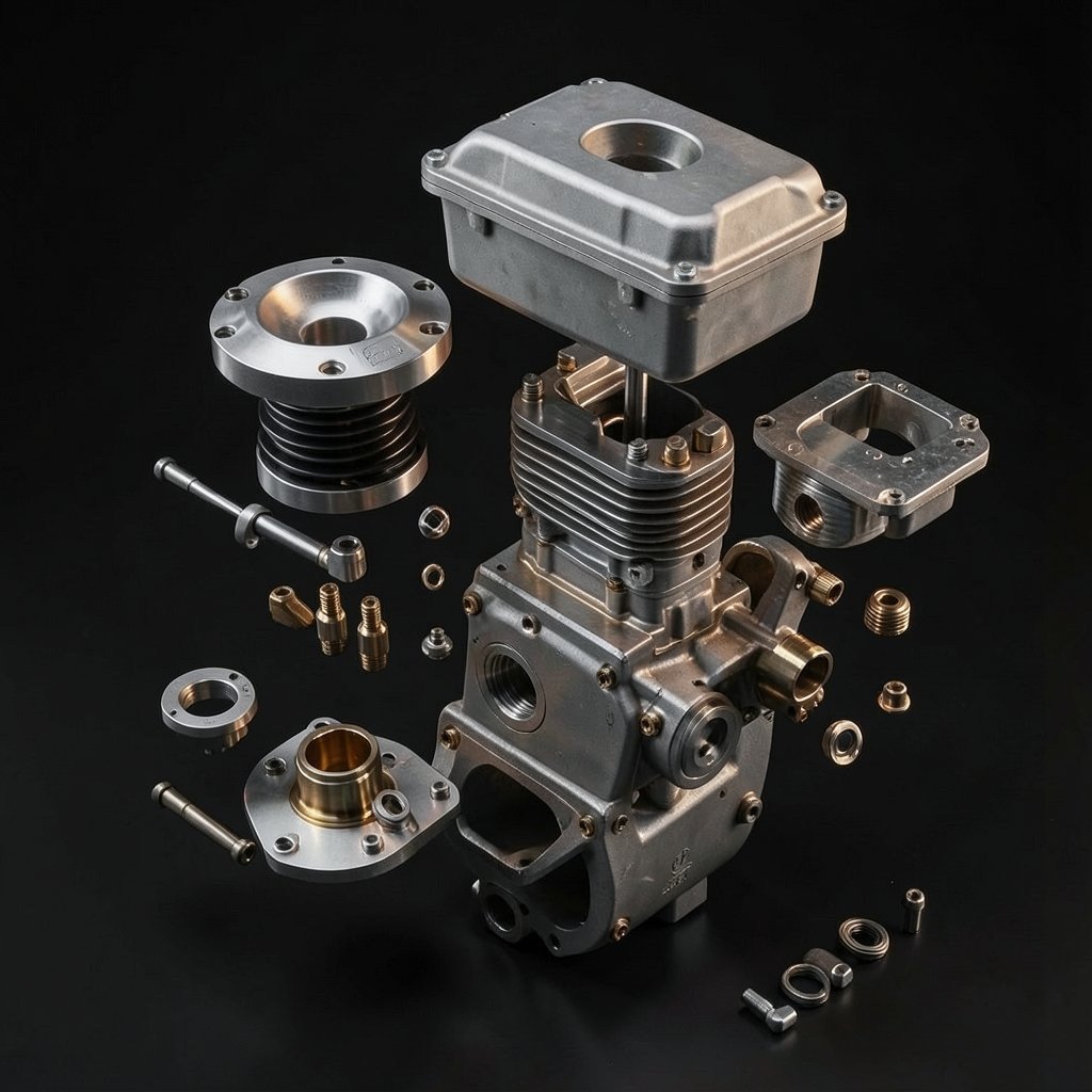 A motorcycle engine laid out in an exploded view, every component separated