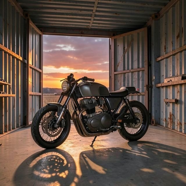 A custom motorcycle parked inside a shipping container workshop at sunset
