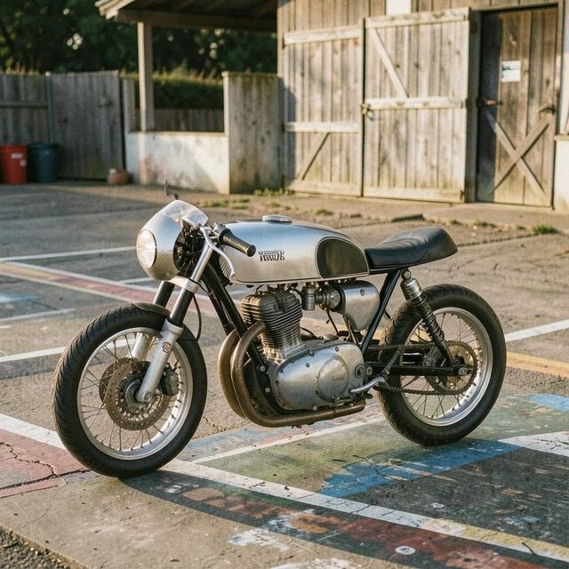 A silver cafe racer parked in a workshop yard