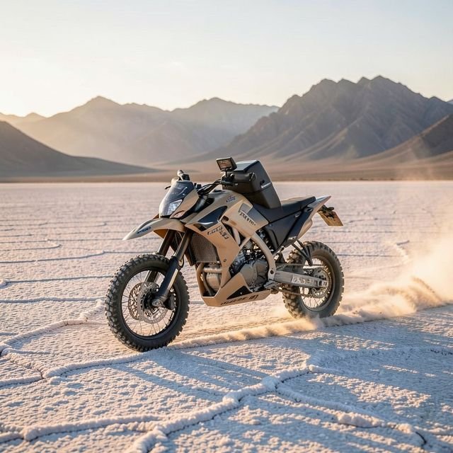 A custom adventure motorcycle kicking up spray on a salt flat