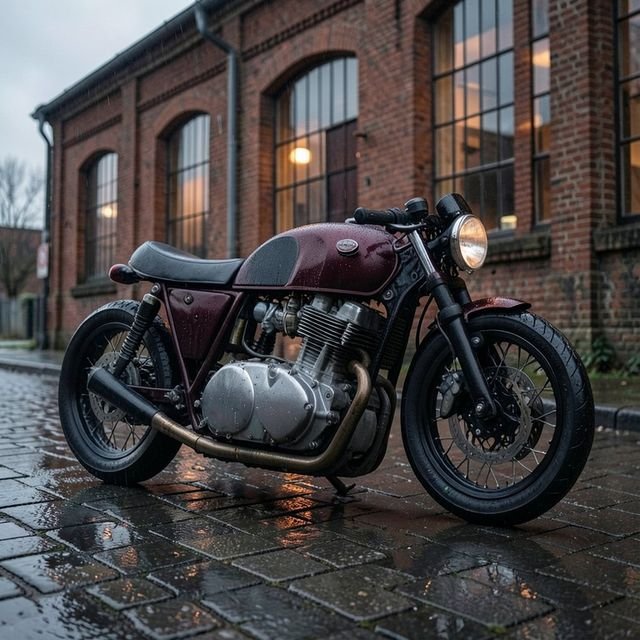 A burgundy restored motorcycle parked on wet cobblestones by a brick warehouse