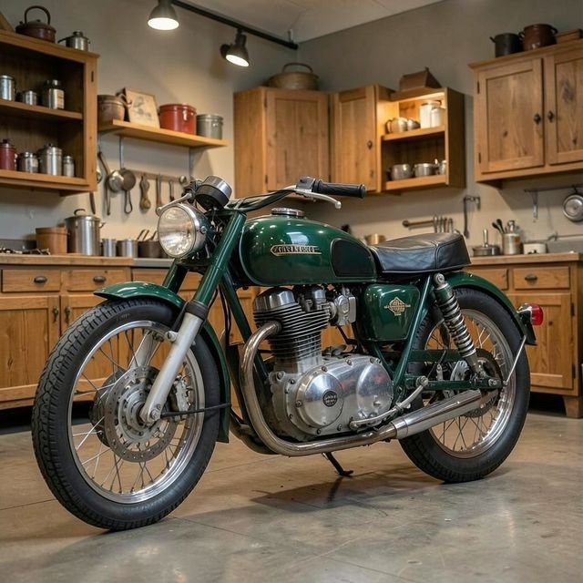 A green retro motorcycle in a warm wooden workshop