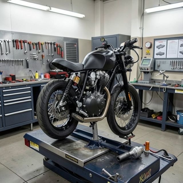 A black custom motorcycle raised on a workshop lift