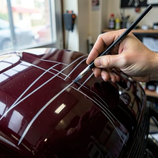 A craftsman hand-painting fine pinstripes on a burgundy fuel tank