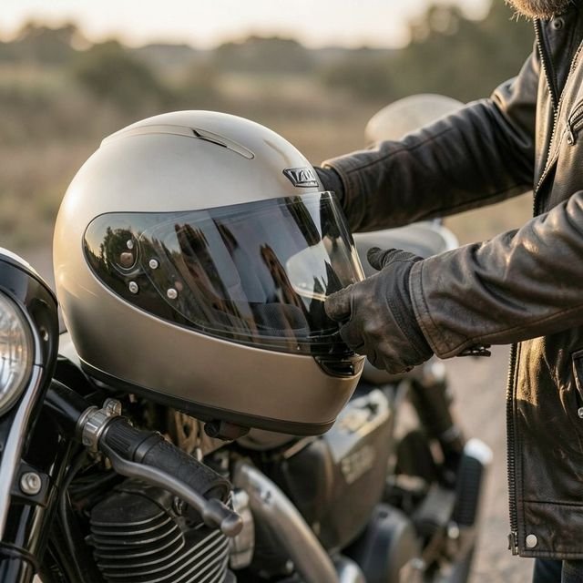 A rider in a silver helmet preparing to set off on a custom motorcycle