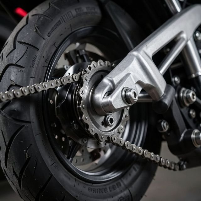 A close-up of a motorcycle chain, sprocket and swingarm