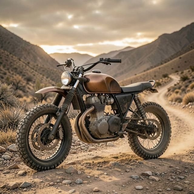 A rugged custom scrambler on a dry mountain trail