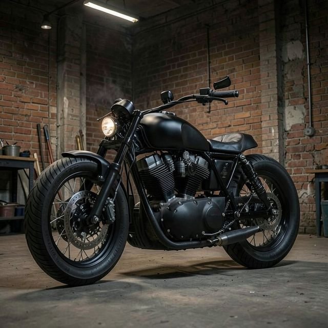 A black custom bobber in front of a brick workshop wall