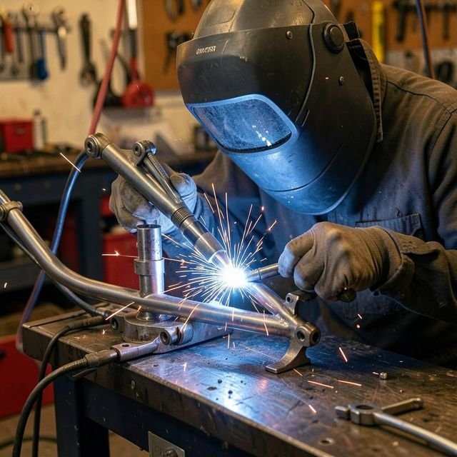 A fabricator welding a motorcycle frame with bright sparks