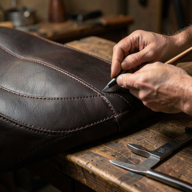 Hands stitching a handcrafted leather motorcycle seat