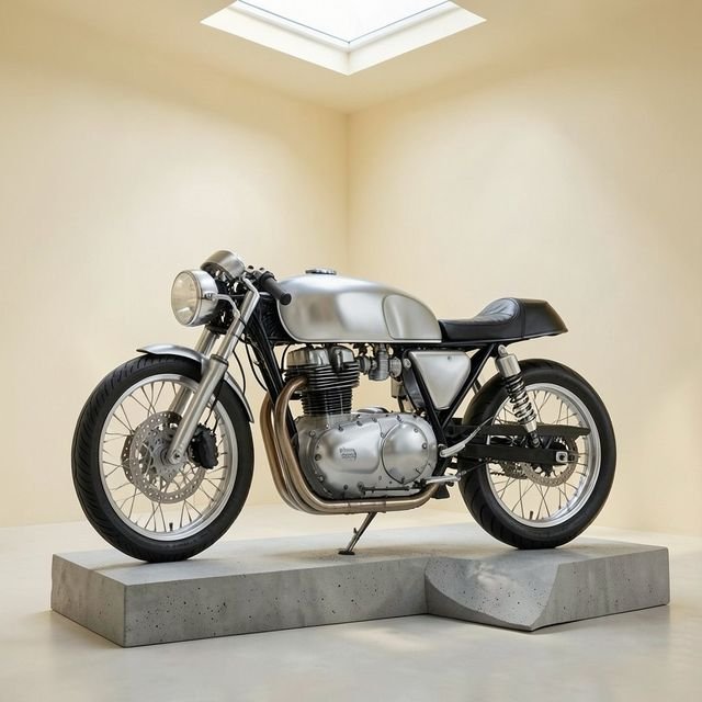 A silver cafe racer on a plinth in a bright studio