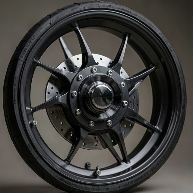 A close-up of a custom motorcycle wheel and brake disc