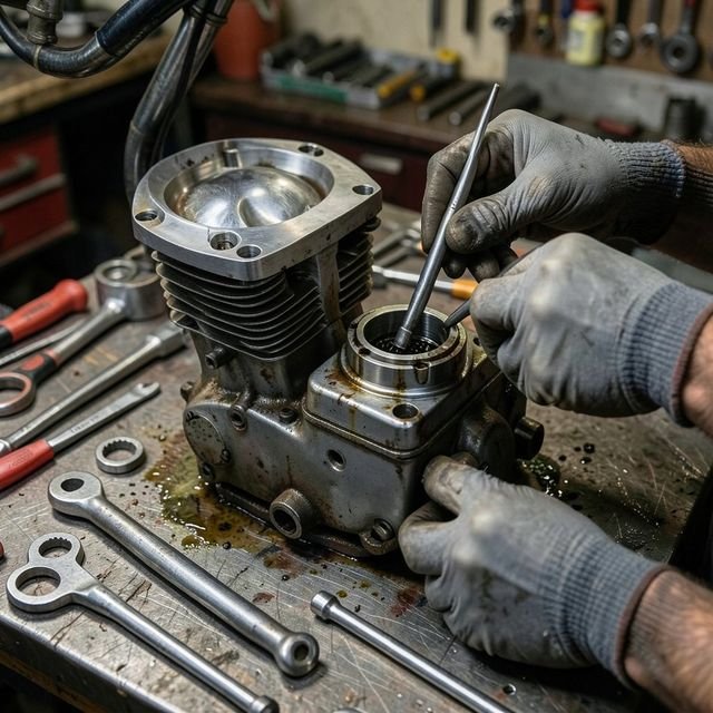 Hands rebuilding a motorcycle engine on a workbench
