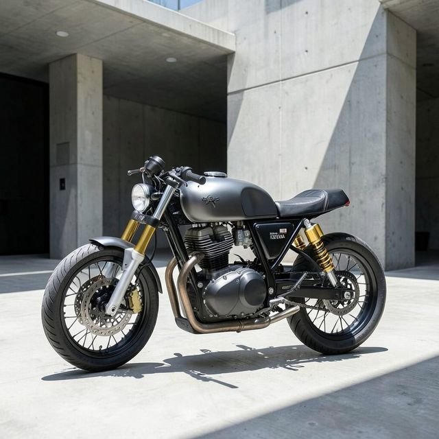 A modern custom motorcycle in a concrete studio