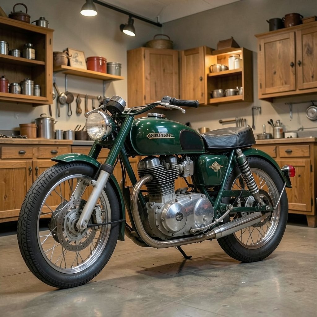 Green retro motorcycle in the workshop