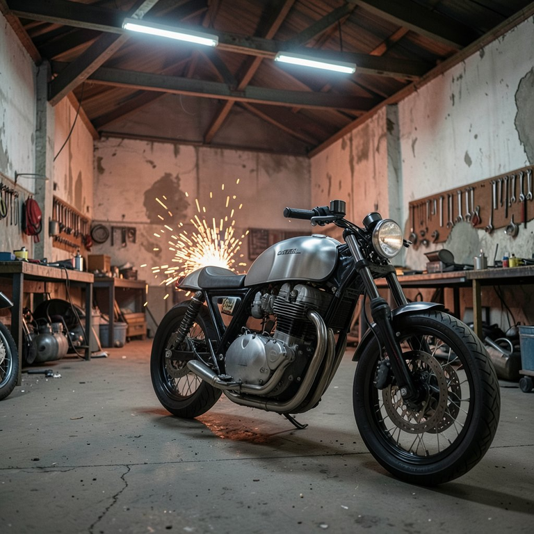 Custom motorcycle in a workshop with sparks flying