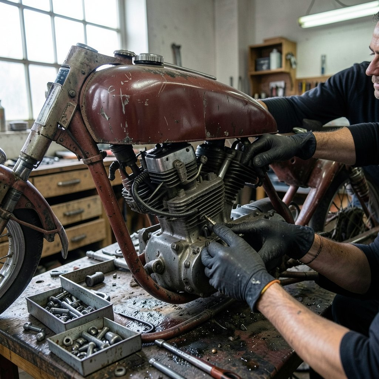 Mechanic restoring a vintage motorcycle engine on the workbench