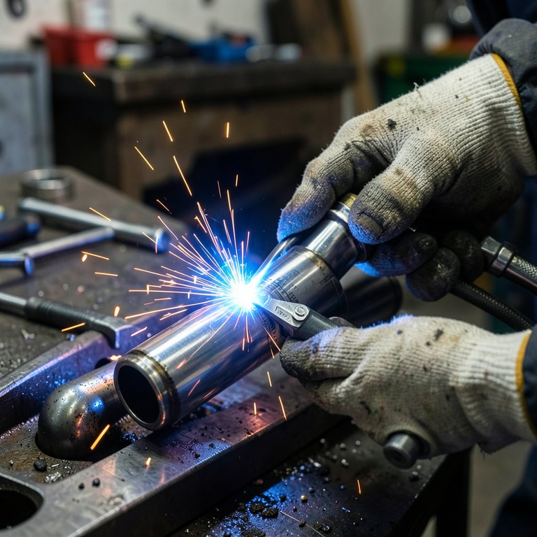Welding a steel exhaust pipe with bright sparks