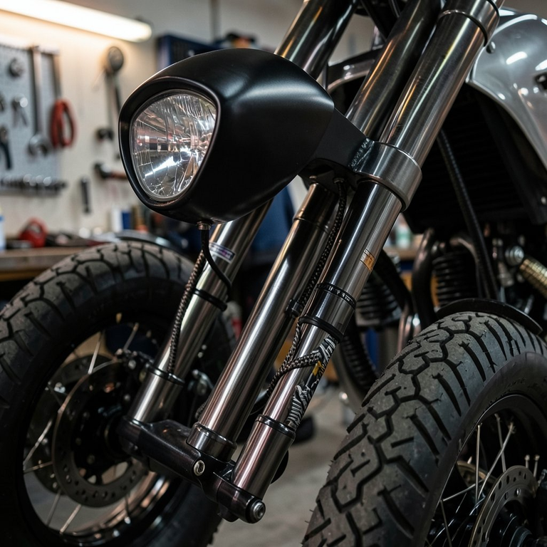 Black headlight and forks of a custom motorcycle