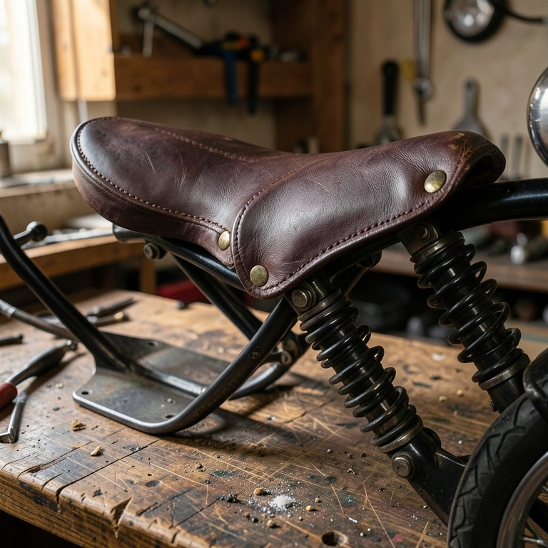 Hand-stitched leather motorcycle seat on a workshop bench