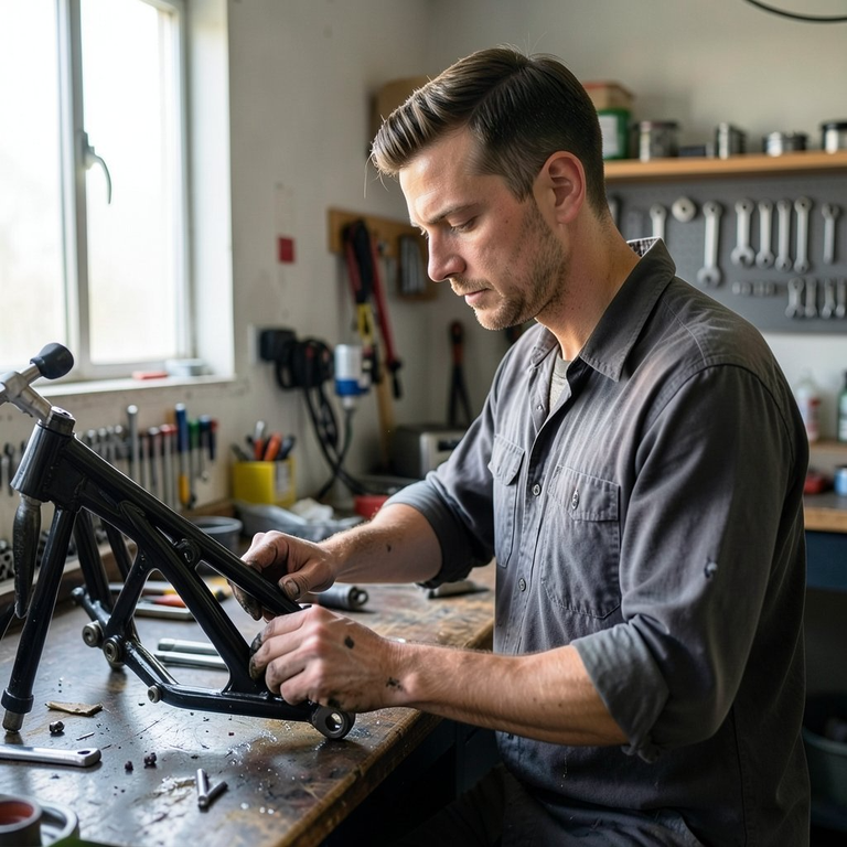 Builder fabricating a custom motorcycle frame at the bench