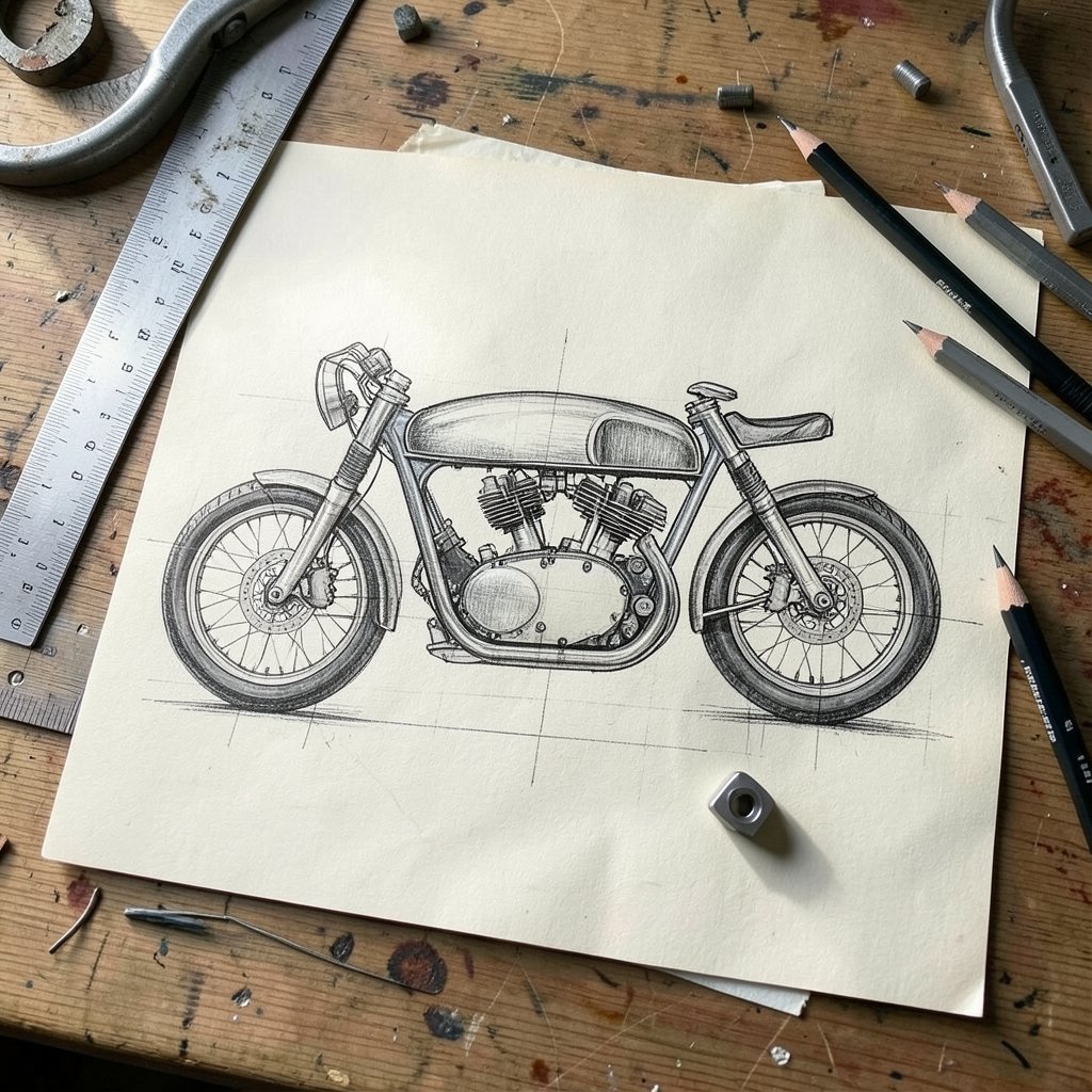 Concept blueprint sketch of a custom motorcycle