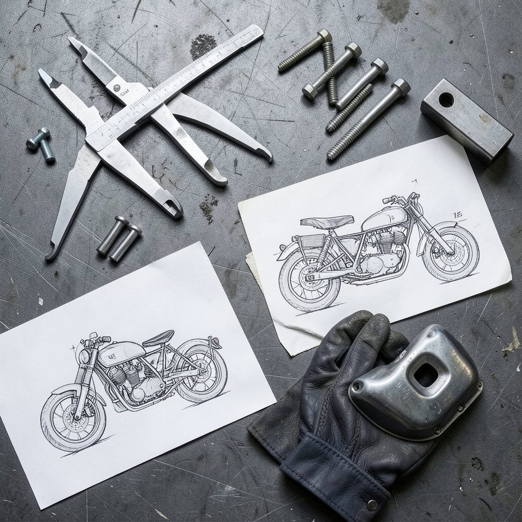 Motorcycle design sketches and workshop tools