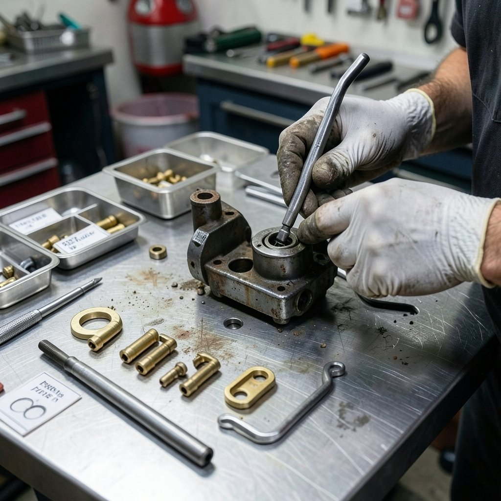 Motorcycle engine components being carefully restored