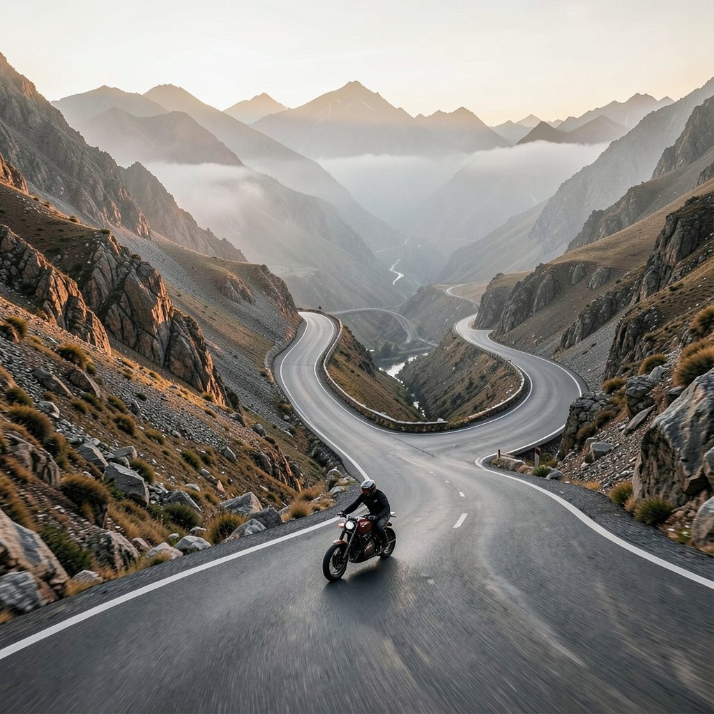 Motorcycle riding a mountain switchback road