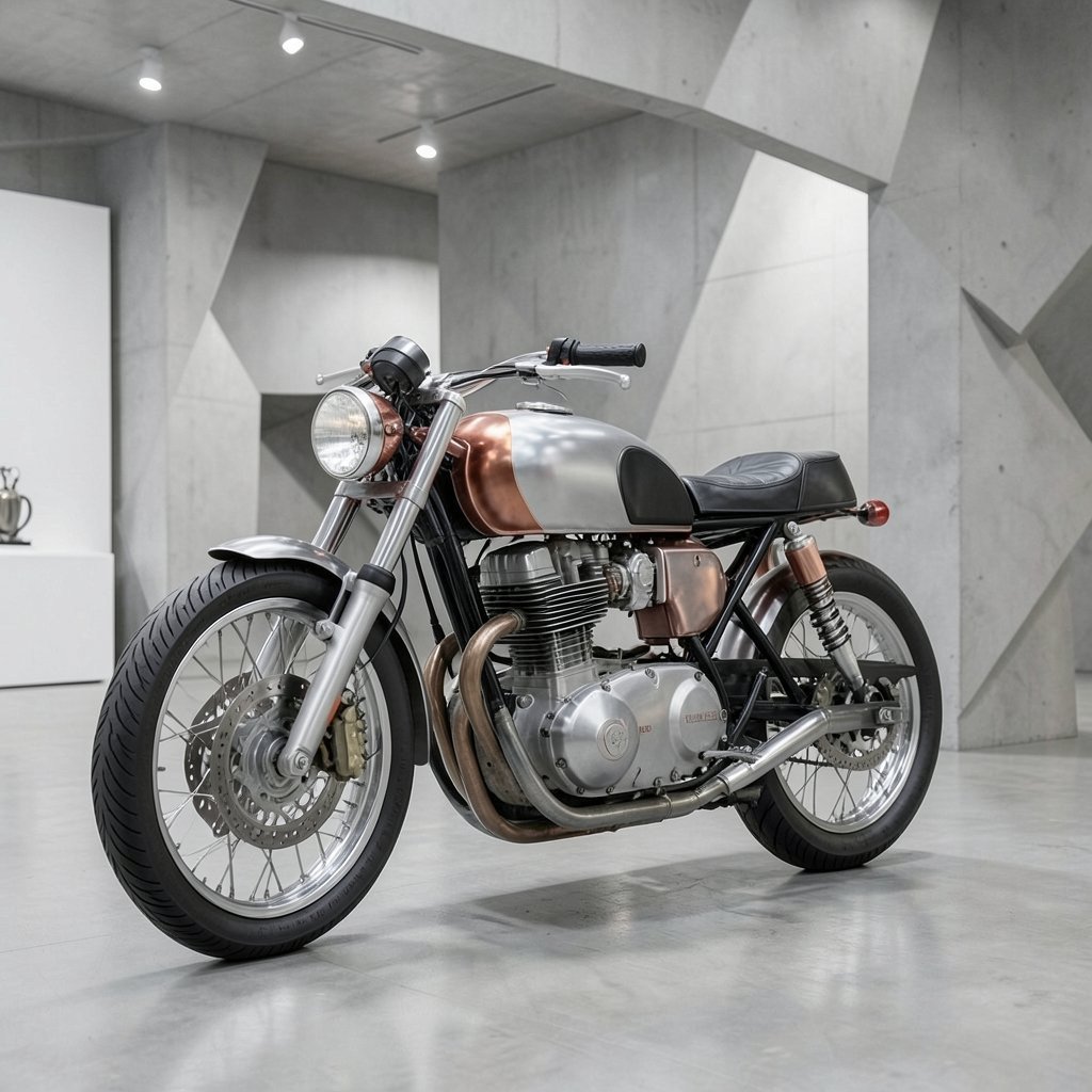A silver vintage motorcycle in a bright studio