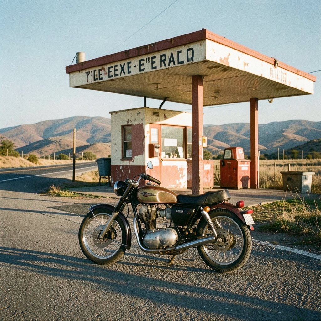 Vintage motorcycle at a roadside petrol station