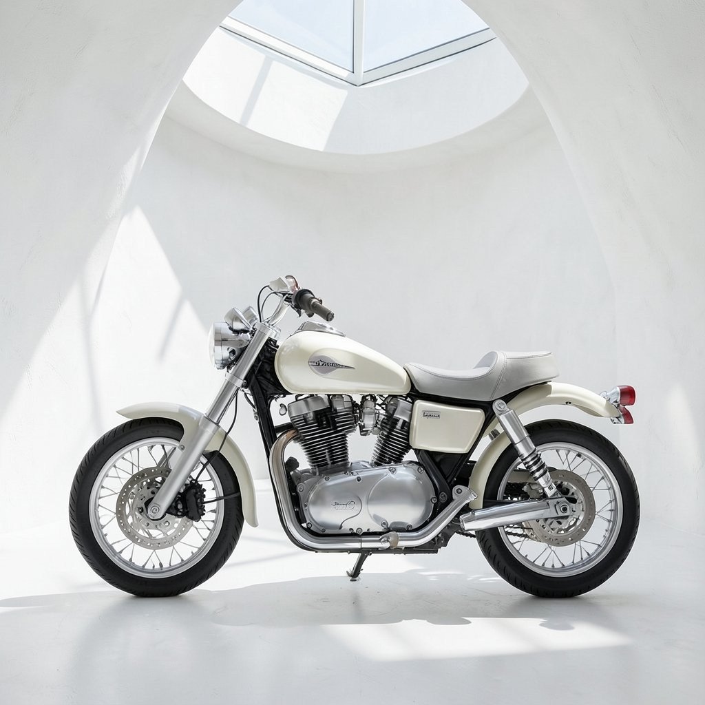 A cream classic motorcycle under a skylight